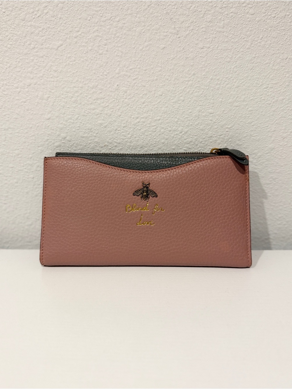Blush Pink Leather Zip Wallet with Bee Accent